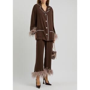 Sleeper Party Feather Trimmed Pajama Set Small Chocolate Brown